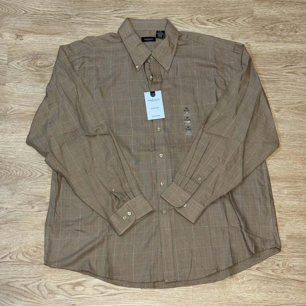 Van Heusen Men's Brown Plaid Long Sleeve Button-Up Shirt Size XL